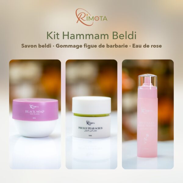 Kit Hammam Beldi Rimota : savon noir, gommage figue de barbarie et eau de rose