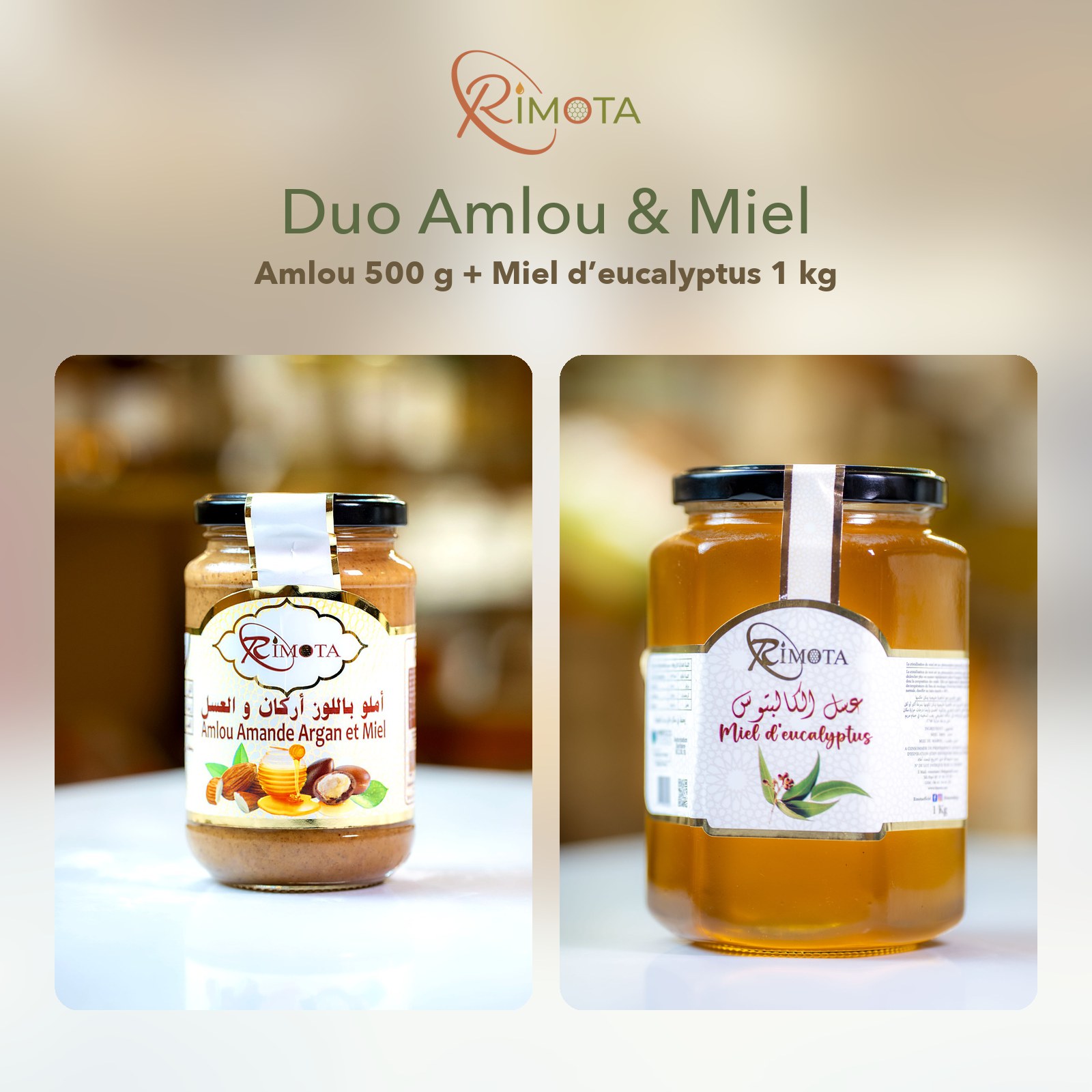 Duo Amlou & Miel Rimota : amlou 500 g et miel d’eucalyptus 1 kg