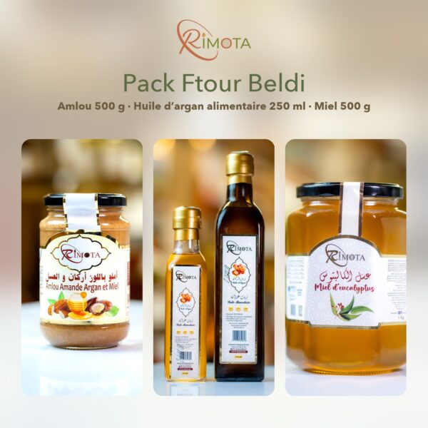 Pack Ftour Beldi Rimota : amlou 500 g, huile d’argan alimentaire 250 ml et miel d’eucalyptus 500 g